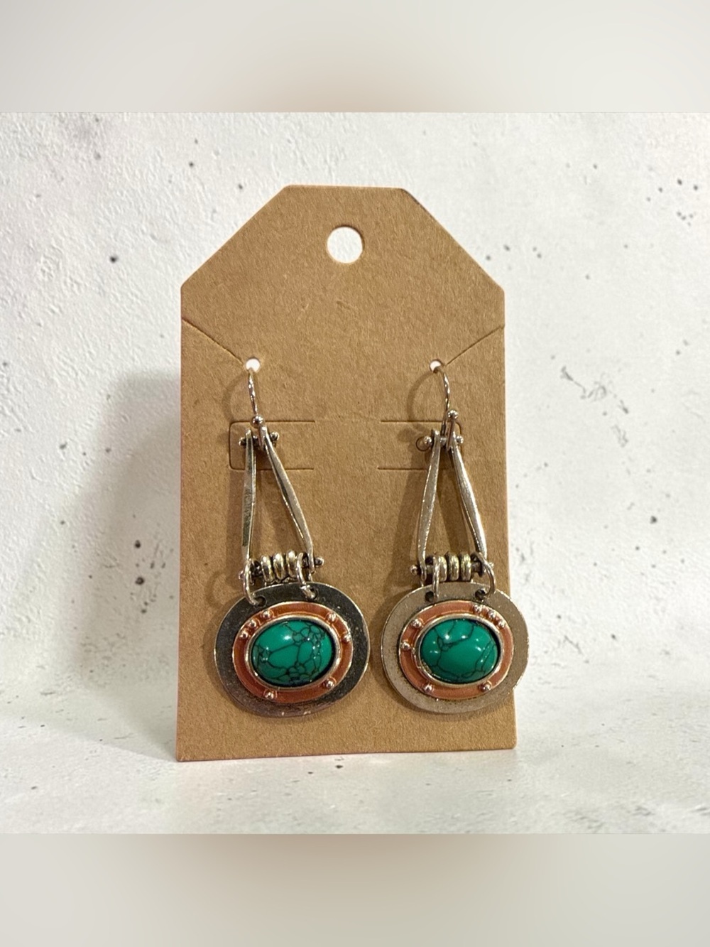 Stone, Copper, Silver Tone Drop Earrings